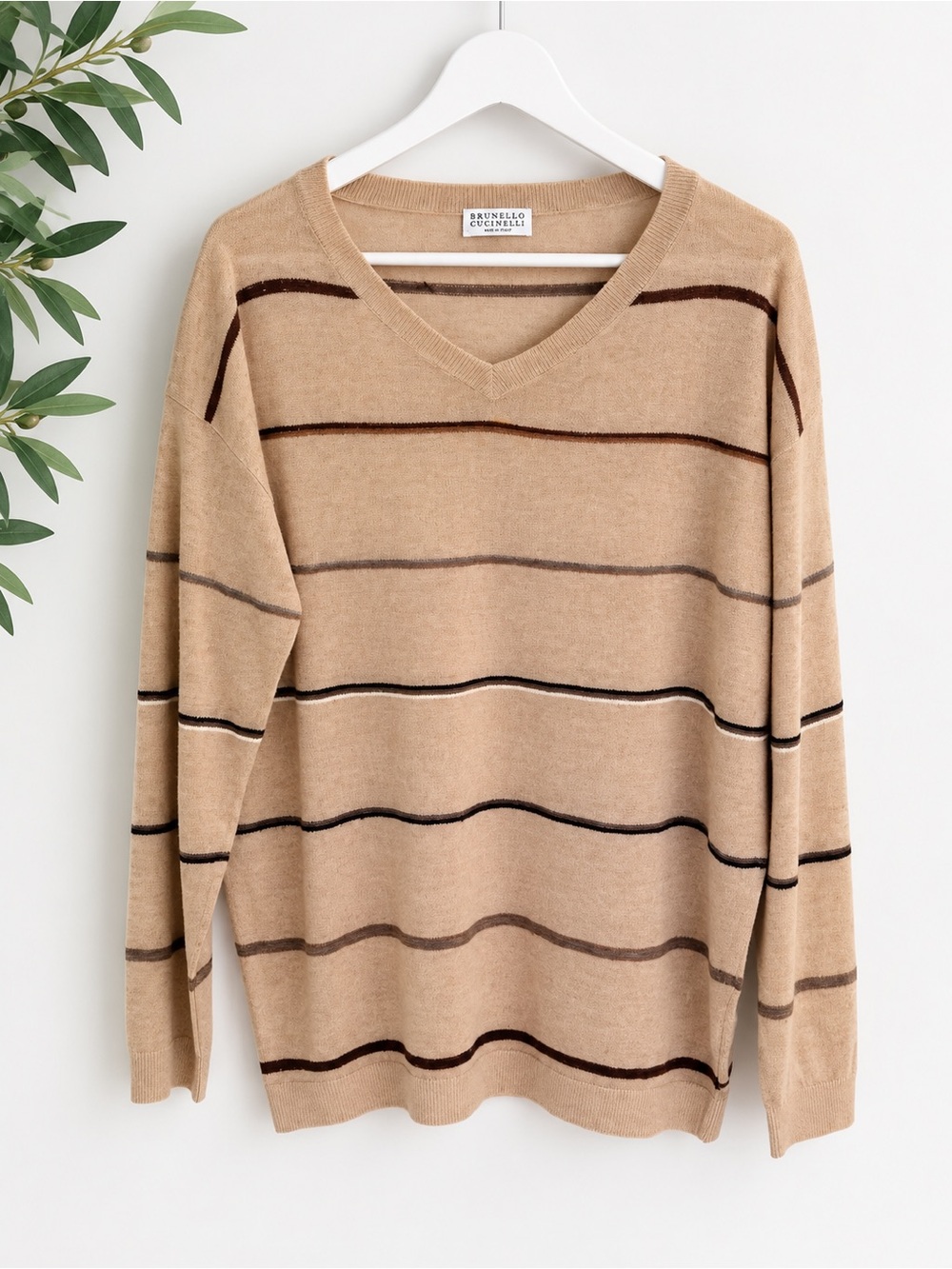 Brunello Cucinelli Linen Blend Striped V Neck Sweater Size M Italy